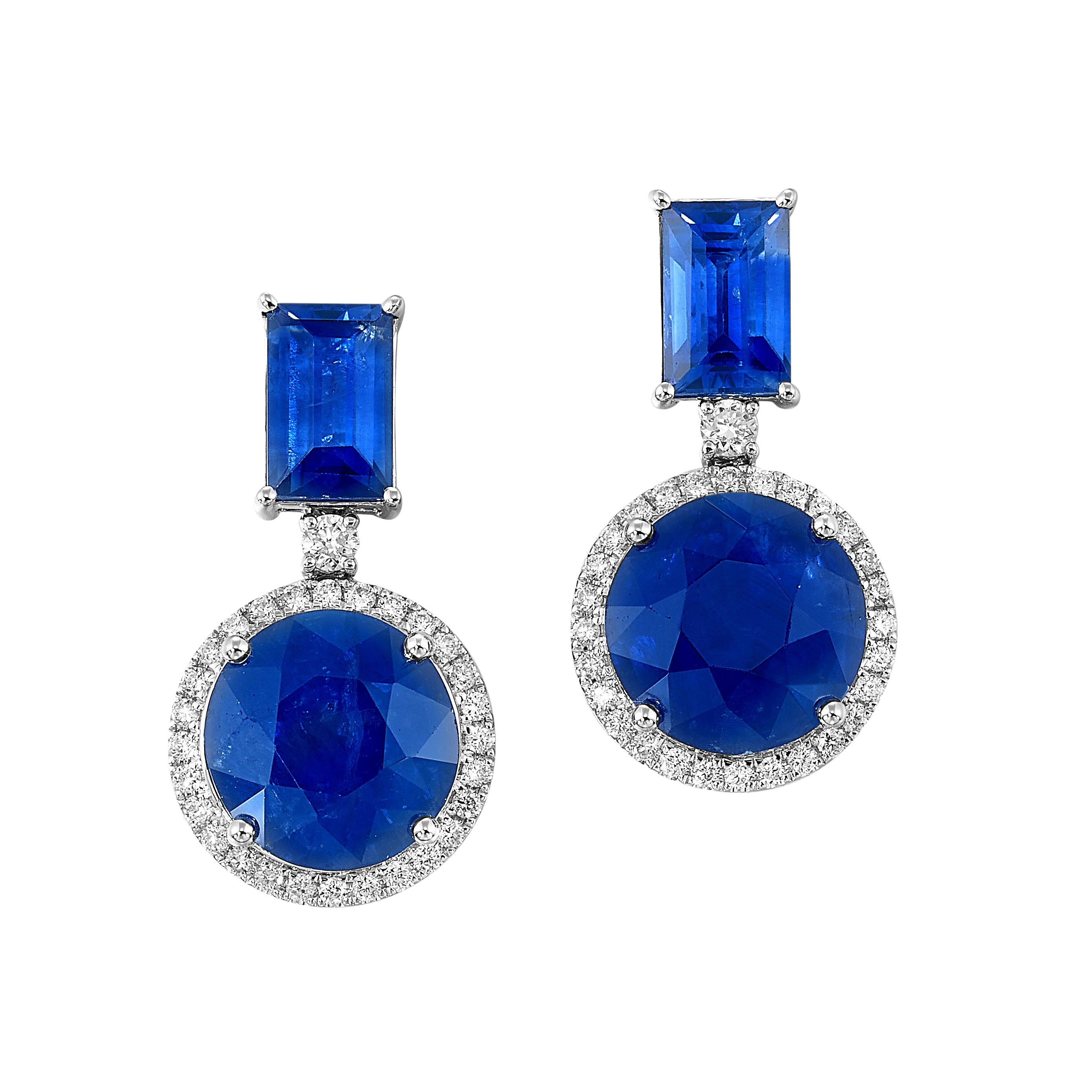 18K WHITE GOLD 15.01CTW BLUE SAPPHIRE & .52CTW DIAMOND DANGLE EARRINGS
