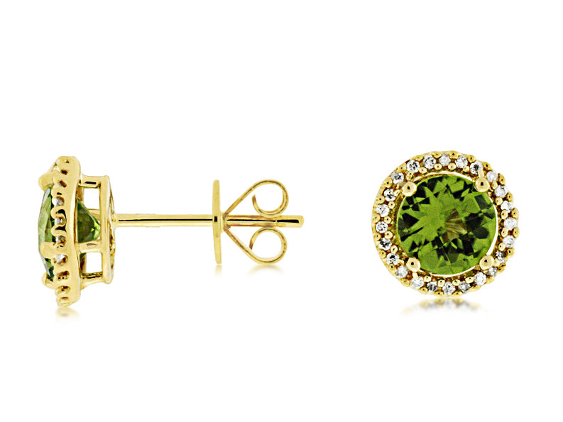 14K Yellow Gold Earring Studs with 2.25ctw Peridot and 0.14ctw White Diamonds