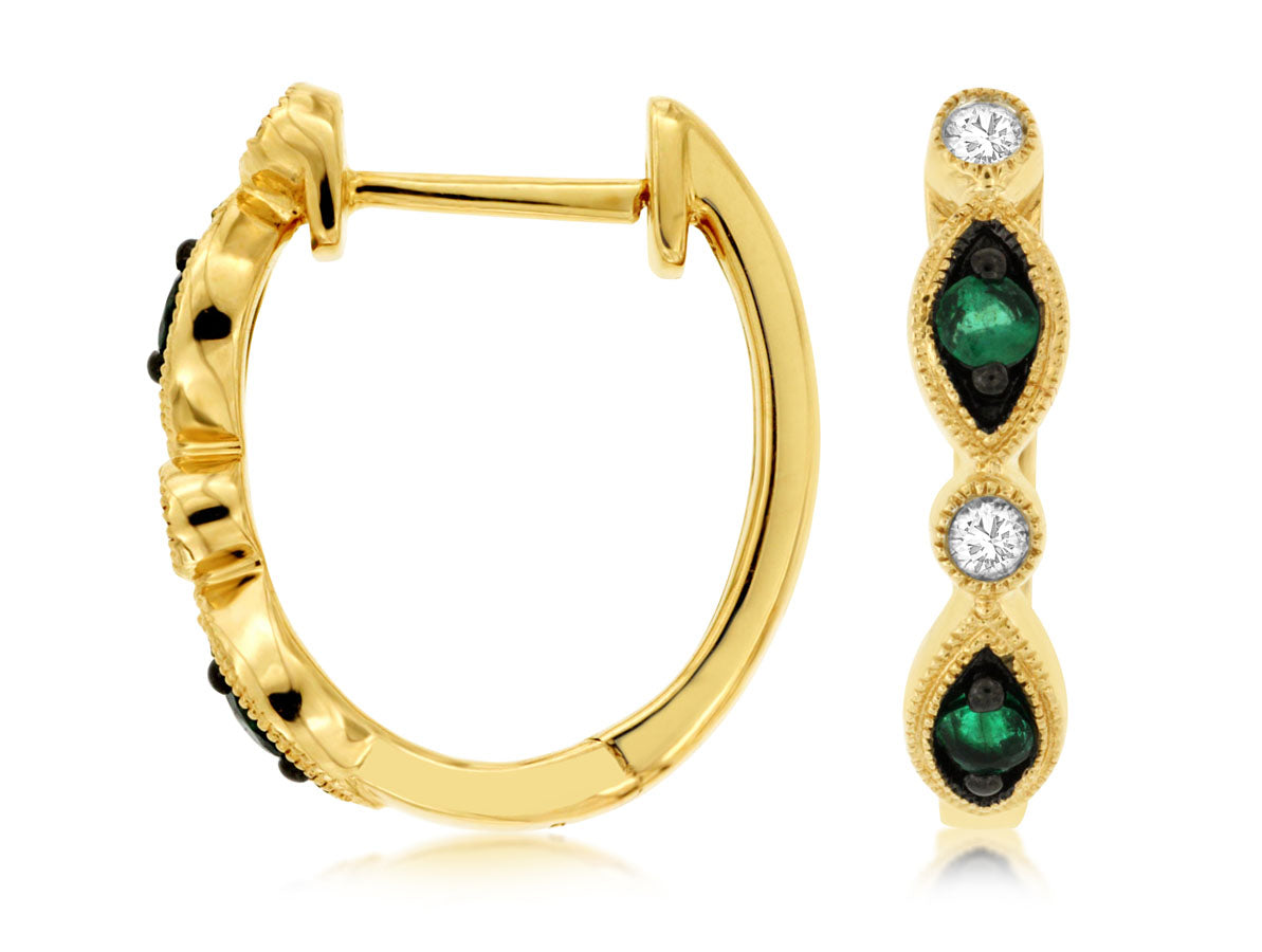 14K Yellow Gold Diamond and Emerald Hoops