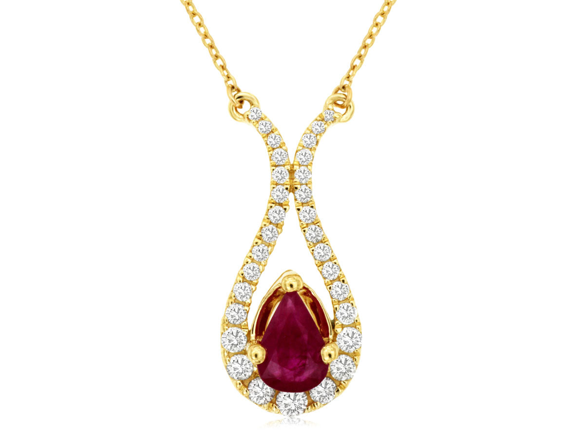 14K Yellow Gold Ruby and Diamond Pendant with Chain