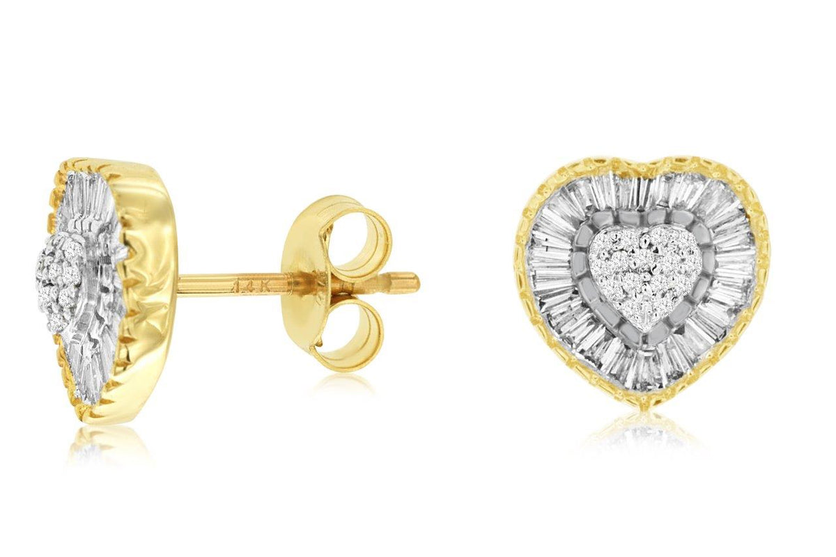 14K Yellow Gold and Diamond Heart Stud Earrings