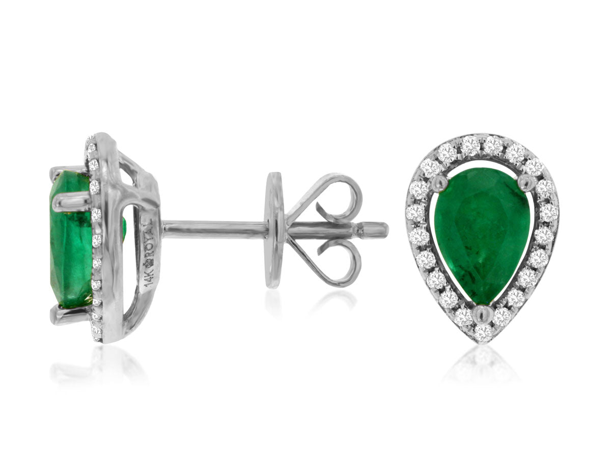14K White Gold Emerald and Diamond Studs