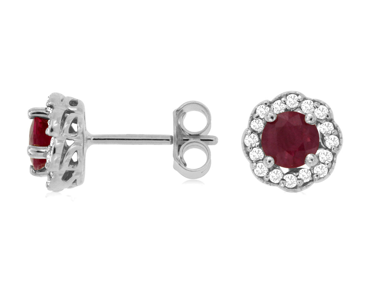 14K White Gold Ruby and Diamond Studs
