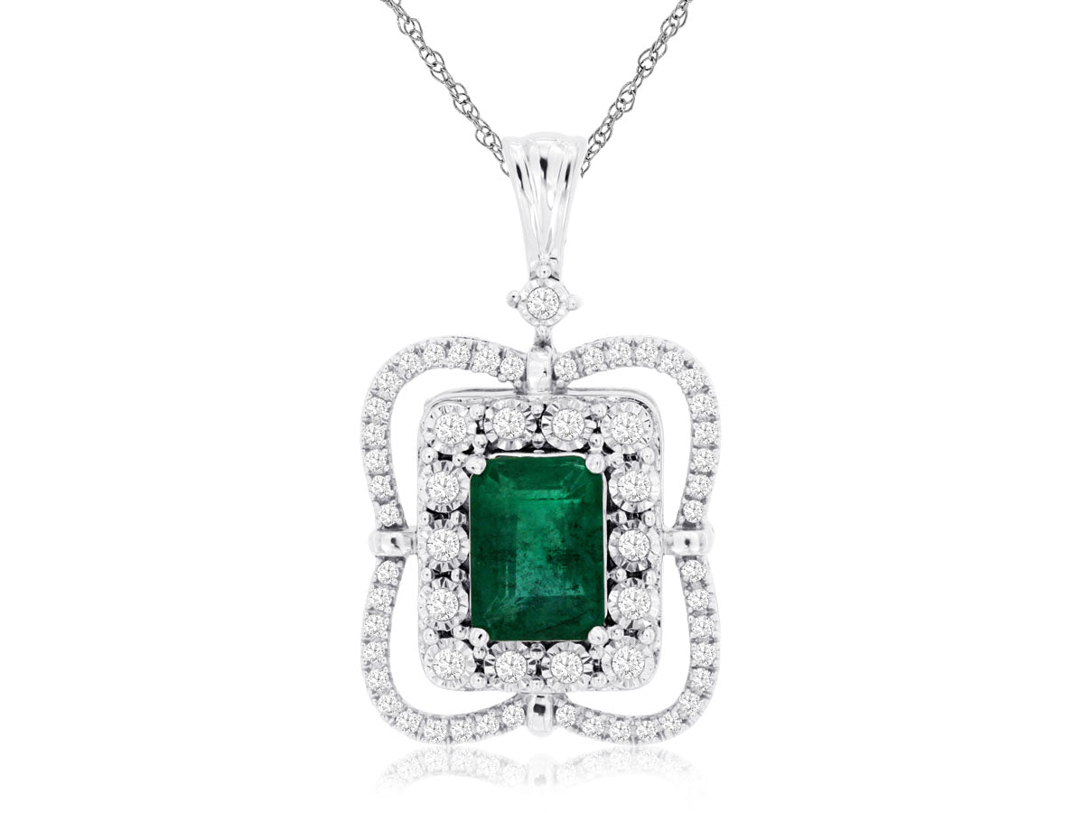 14K White Gold Diamond and Emerald Pendant