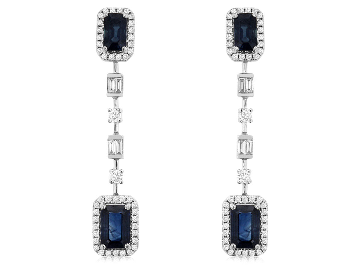 14K White Gold Diamond and Sapphire Dangle Earrings
