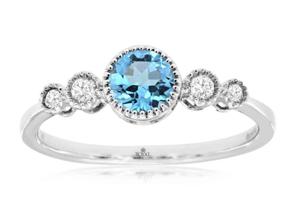 14 K White Gold Blue Topaz and Diamond Ring
