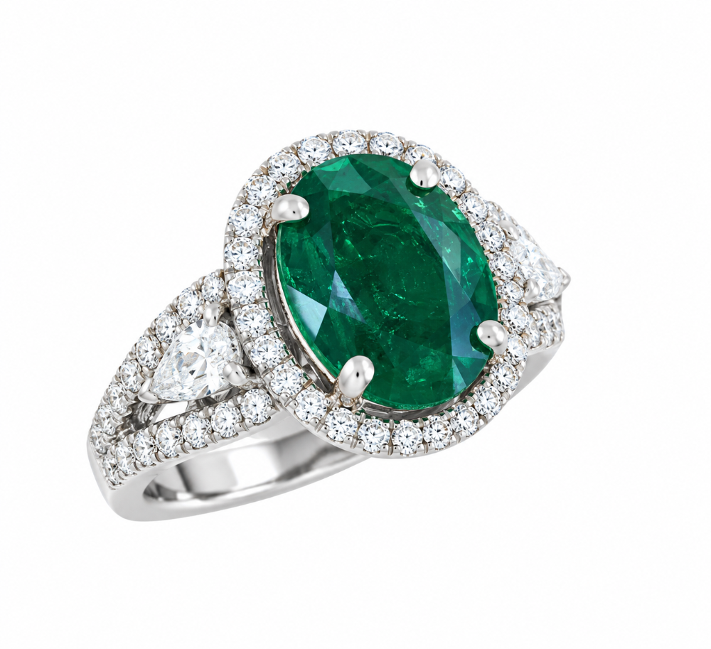 14K WHITE GOLD EMERALD AND DIAMOND RING