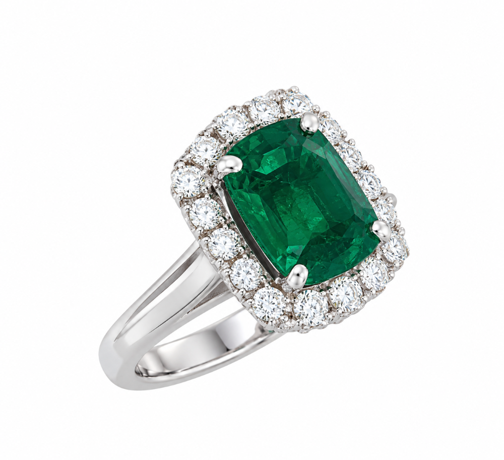 14K WHITE GOLD EMERALD AND DIAMOND RING