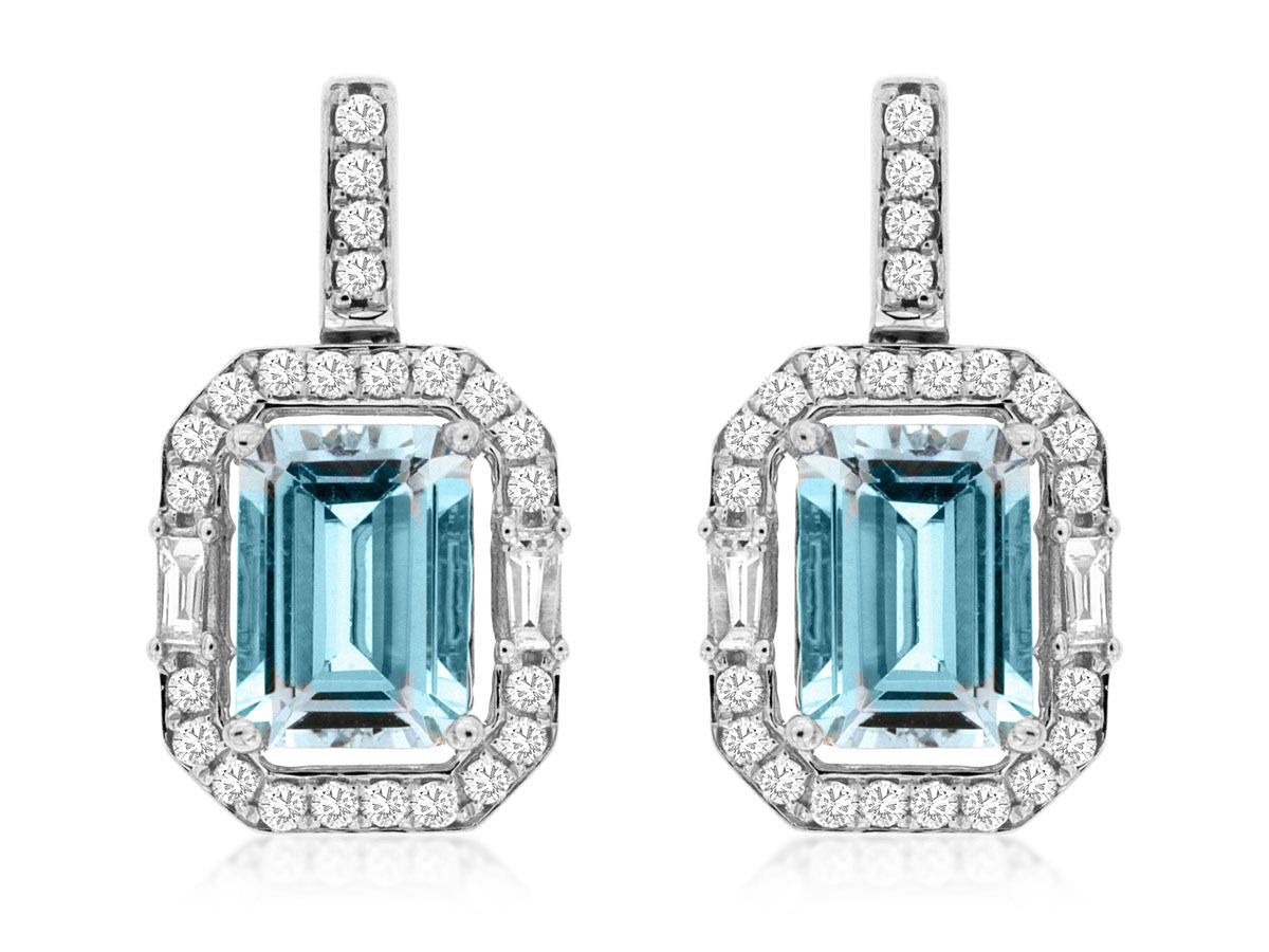 14K White Gold Diamond And Aquamarine Earrings