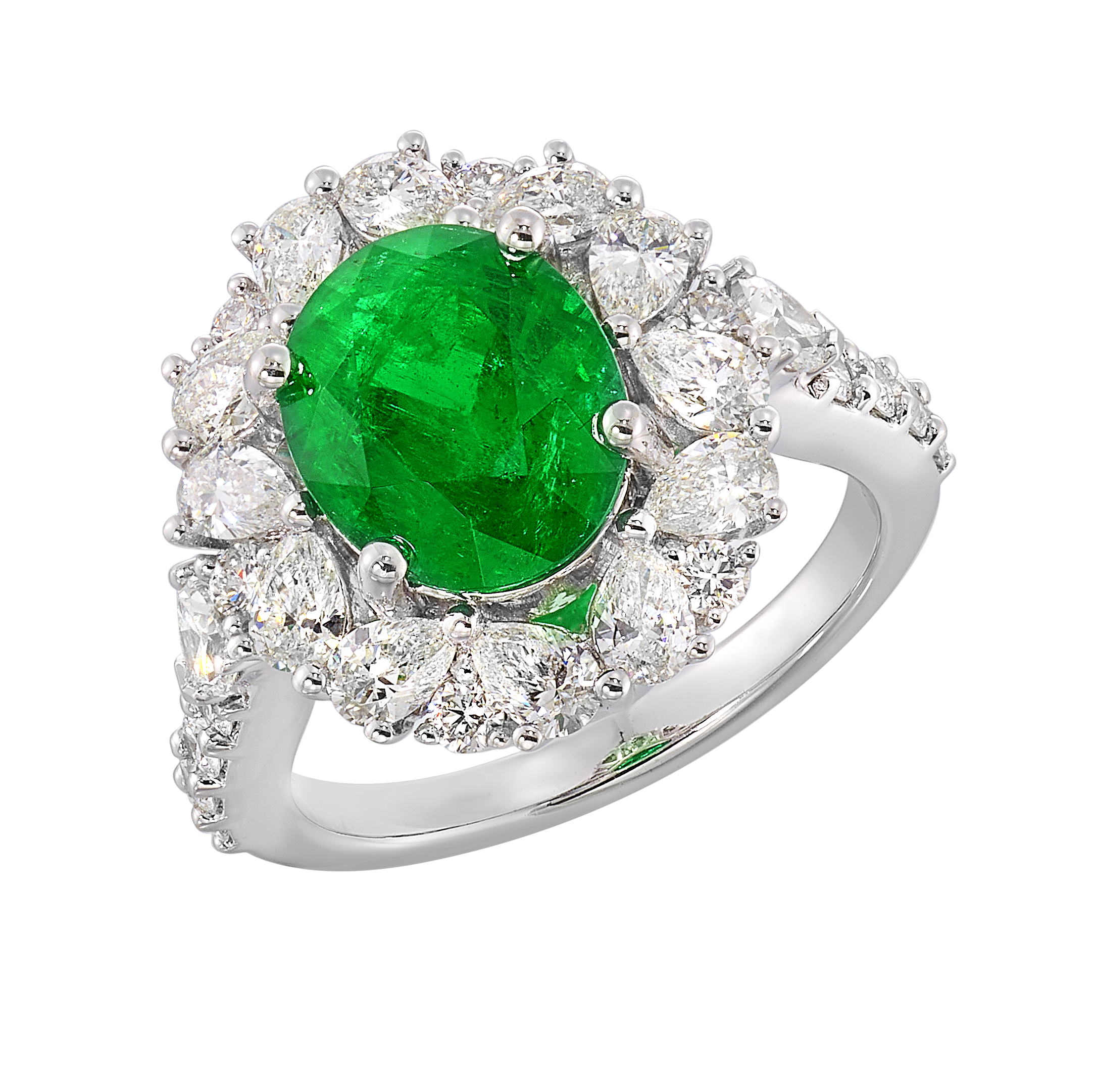 18K WHITE GOLD EMERALD HALO RING- 2.82CT EMERALD & 2CTW DIAMONDS