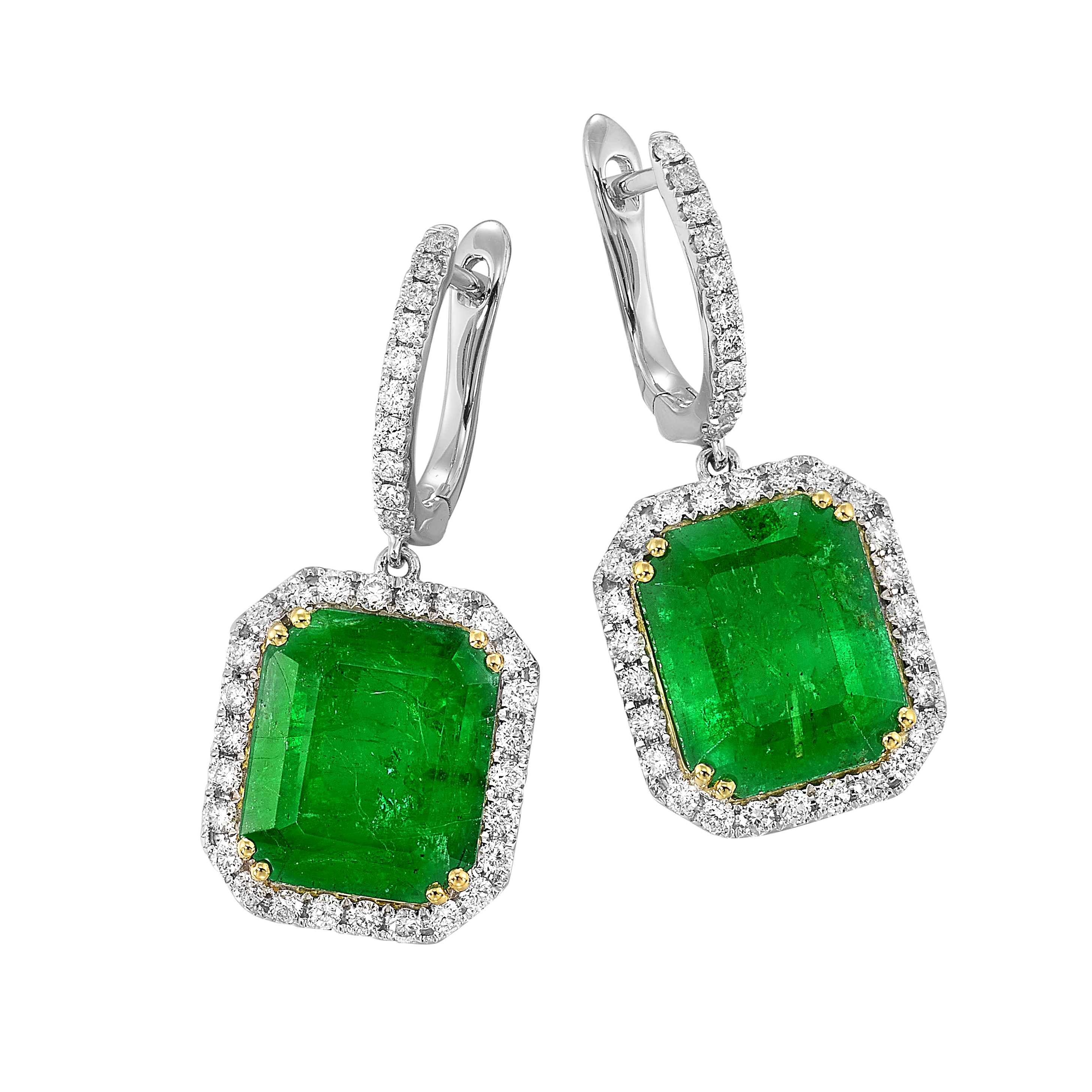 18K TWO-TONE 11CTW EMERALD AND 1.10CTW DIAMOND EARRINGS