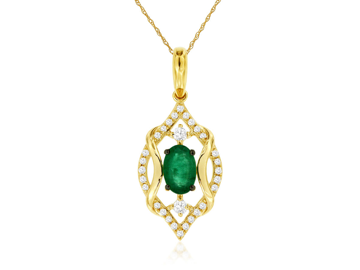 14K Yellow Gold Emerald and Diamond Pendant