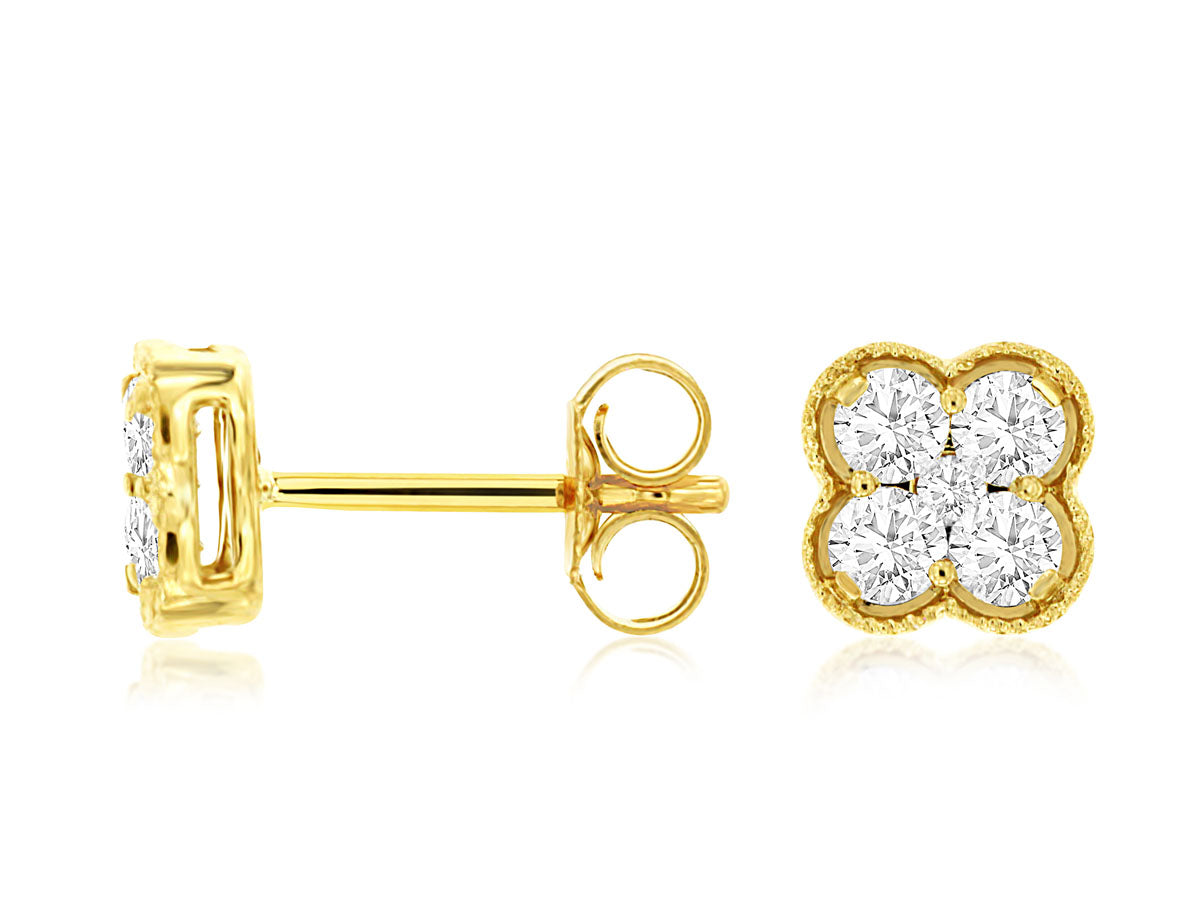 Gold and Diamond Cloverleaf Stud Earrings