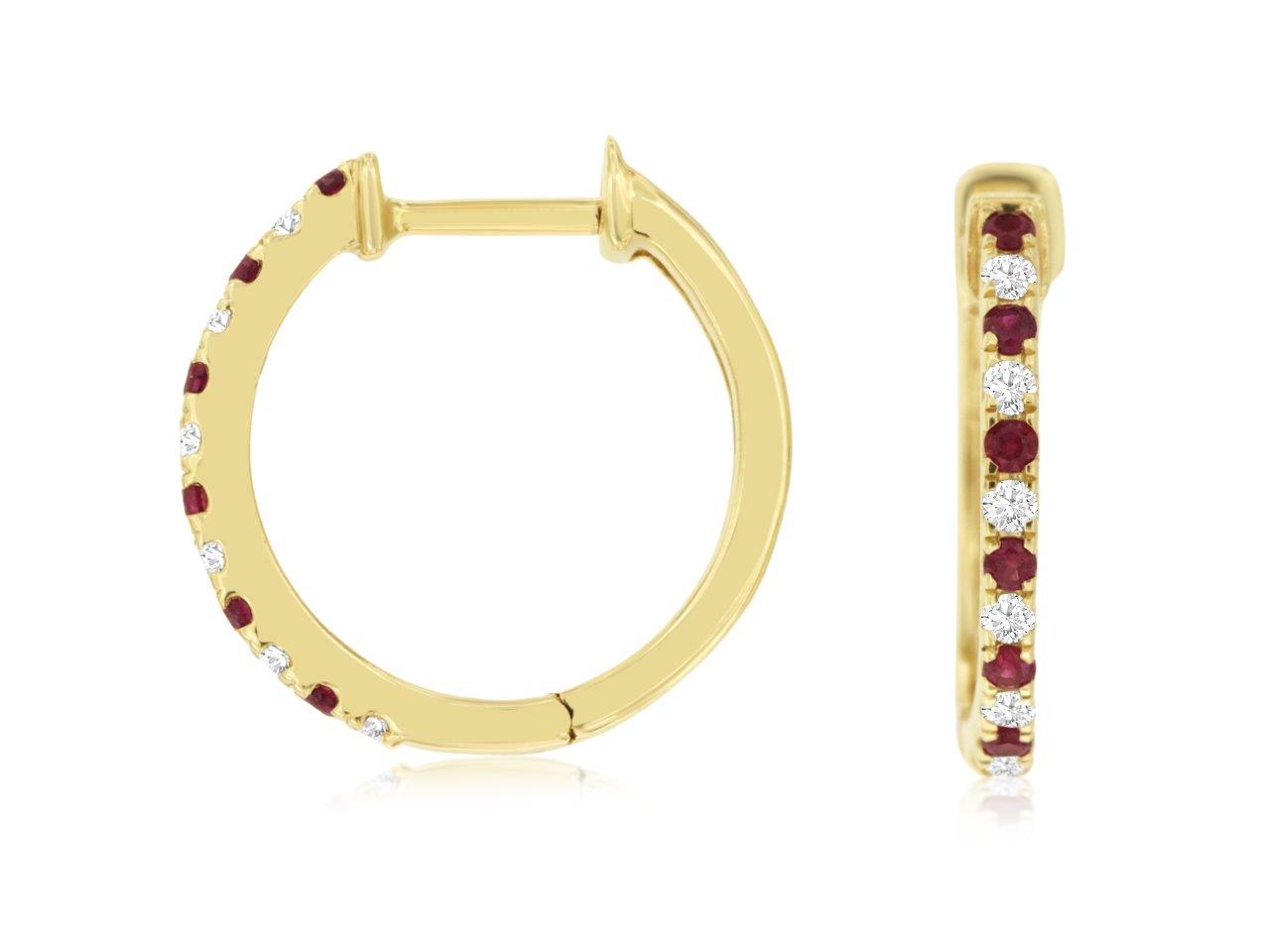 14K Yellow Gold Ruby and Diamond Hoop Earrings