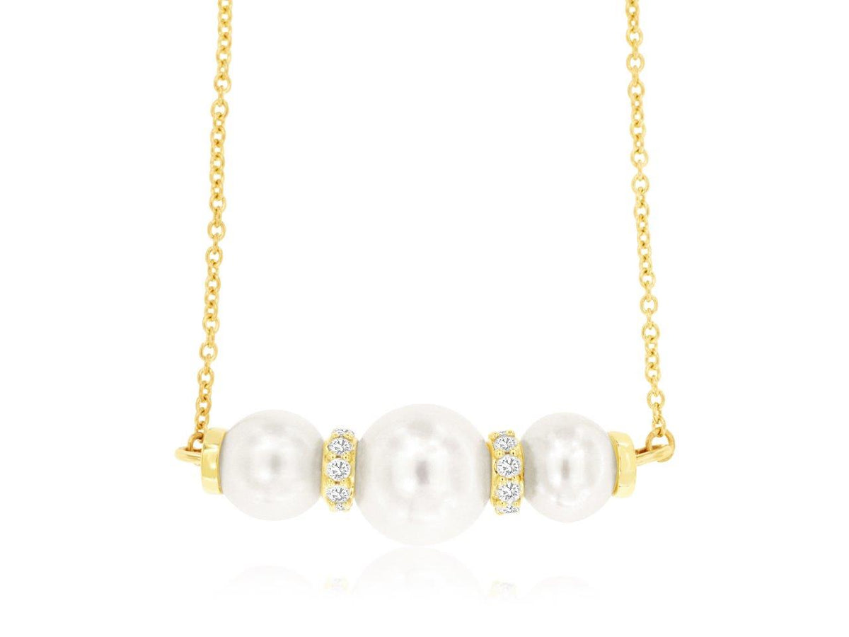 14K Yellow Gold and Diamond Three Pearl Necklace