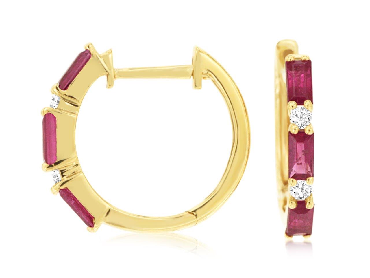 14K Yellow Gold Ruby and Diamond Hoop Earrings