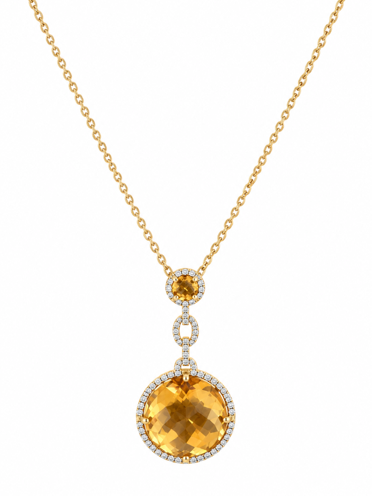 14K YELLOW GOLD CITRINE AND DIAMOND PENDANT WITH CHAIN