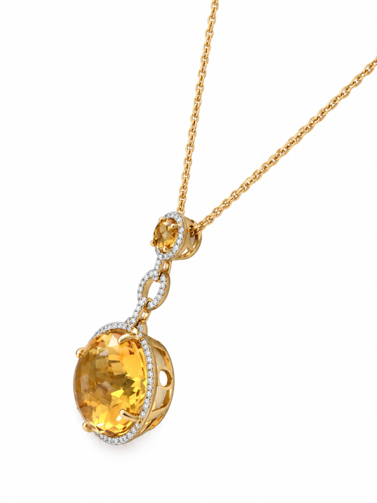 14K YELLOW GOLD CITRINE AND DIAMOND PENDANT WITH CHAIN