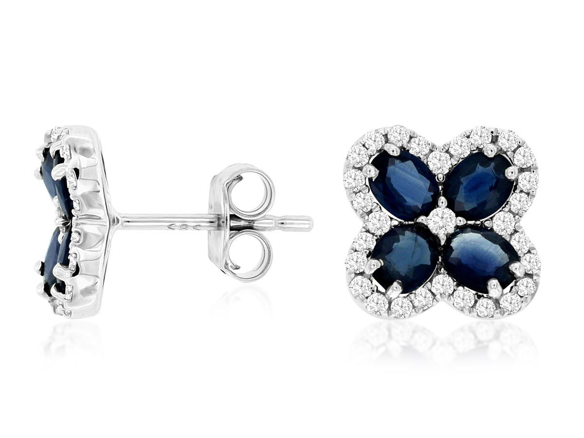 14K White Gold Sapphire and Diamond Cloverleaf Stud Earrings
