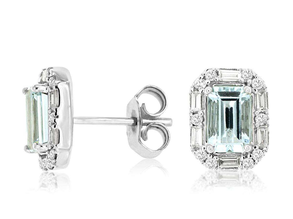 14K White Gold Aquamarine and Diamond Stud Earrings