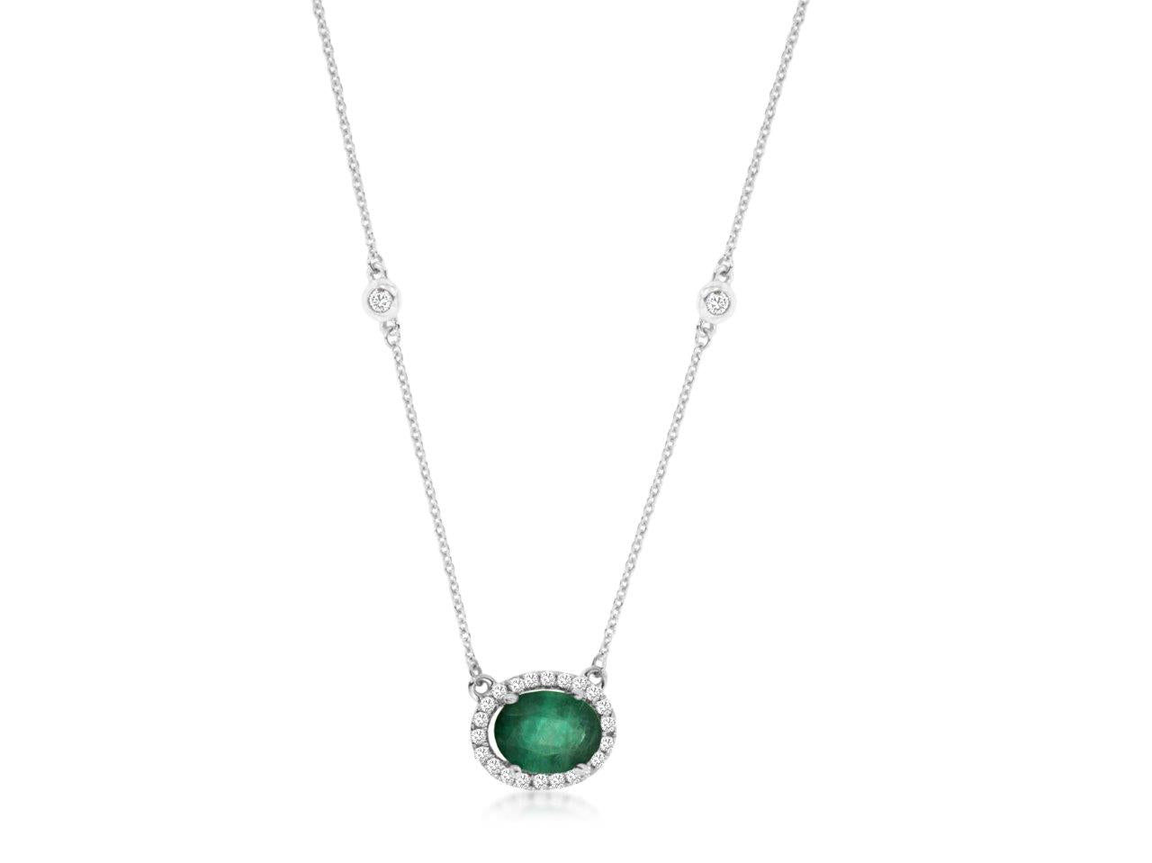 White Gold Emerald and Diamond Necklace on a Station Chain with Diamonds