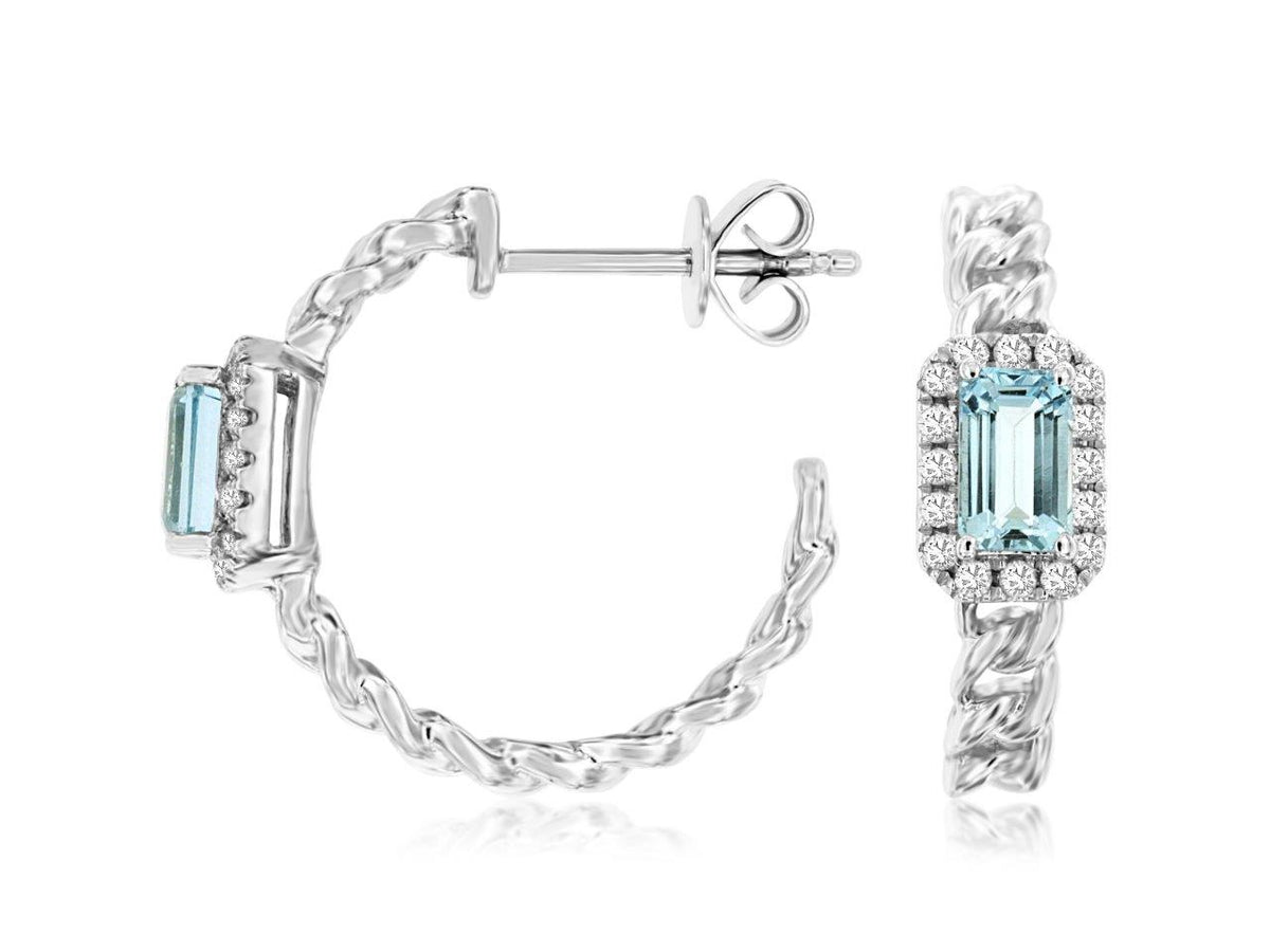 14K White Gold Aquamarine and Diamond Hoop Earrings