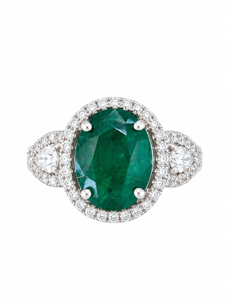 14K WHITE GOLD EMERALD AND DIAMOND RING