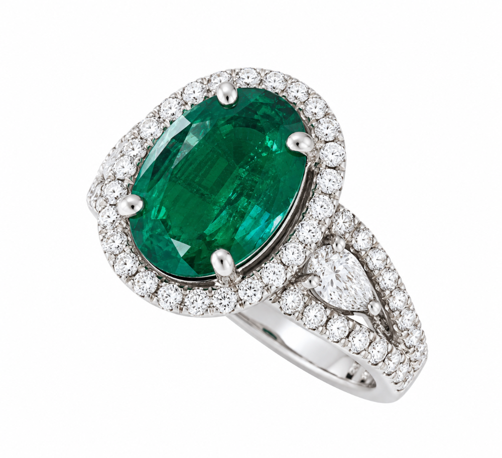 14K WHITE GOLD EMERALD AND DIAMOND RING