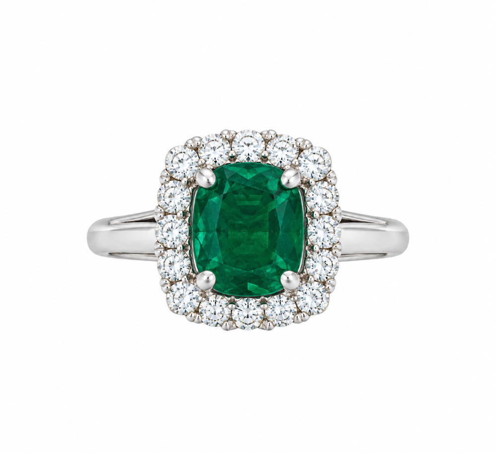 14K WHITE GOLD EMERALD AND DIAMOND RING